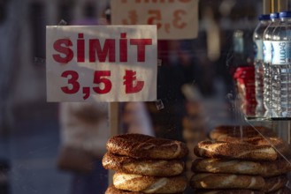 Istanbul, Turkey. January 5th 2022 Turkish Simit for sale at 3.50 Lira. Rising inflation and