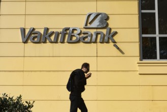 Istanbul, Turkey. October 12th 2021 Business logo and sign for Vakifbank, the second largest bank