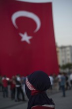 Istanbul, Turkey, July 17th 2016 Turkish Muslim Tayip Erdogan supporter at a pro Akp rally after an
