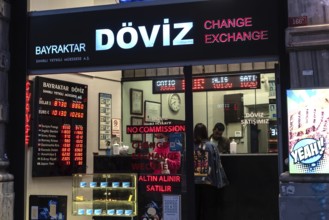 Istanbul, Turkey. October 5th 2021 Turkish currency exchange office on the busy shopping district,