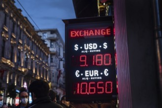 Istanbul, Turkey. October 18th 2021 Illuminated sign showing the Turkish Lira currency exchange