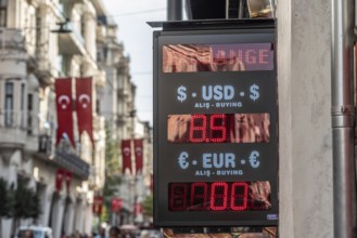 Istanbul, Turkey. September 18th 2021 Turkish currency exchange office long Istiklal Street, Taksim