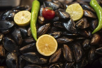 Istanbul, Turkey. November 30th 2020 Midye, Traditional Turkish stuffed mussels for sale on a