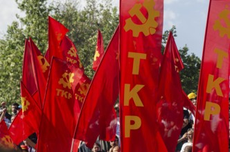 Istanbul, Turkey. June 2nd 2013 Flags for the Turkish Communist Party flying during the protests at