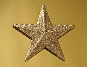 A golden Christmas star shines with a glittery surface against a textured golden background,