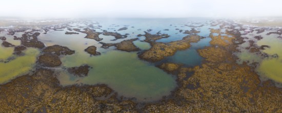 Discover the tranquil beauty of Icelandic wetlands, captured from above in early autumn The mist
