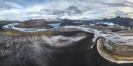 This stunning panoramic view captures the vast, dramatic landscapes of Iceland's Highlands,