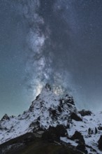 A spectacular view of the Milky Way illuminating the night sky over snow-covered peaks in Iceland,