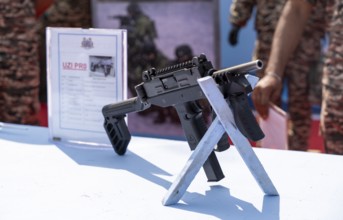 An Uzi Pro submachine gun is displayed during a weapon exhibition by the Central Reserve Police
