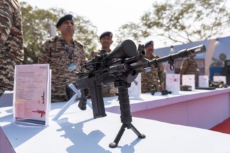 A precision rifle is showcased during a weapon exhibition by the Central Reserve Police Force at
