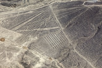 Desert plains with geometric Nazca lines photographed from the air in Peru, The geoglyphs and