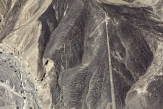 Image of the Nazca Lines showing historic geoglyphs on sandy hills, The geoglyphs and drawings in