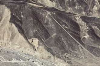 Aerial view of the Nazca Lines in Peru with clear geoglyphs on sandy hills, the geoglyphs and