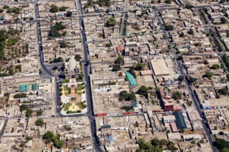 Aerial view of a city with a clear view of buildings and geometric road network structure, The city
