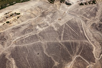 Nazca lines spread across the desert landscape in detailed patterns, the geoglyphs and drawings in