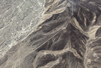 Distinctive desert ridges and line structures viewed from the air, the geoglyphs and images in the