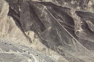 Mystery of the Nazca Lines on dry hills, observed from the air, The geoglyphs and images in the