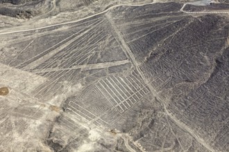 View of famous line formats in the Nazca Desert, viewed from the air in Peru, The geoglyphs and