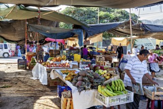 A busy market full of fruit stands and vendors in a lively atmosphere, The market on the streets of