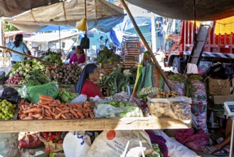 A busy street market with various vegetable stalls and people in a colorful environment, The market