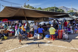 A bustling market against a mountain backdrop with lots of stalls and people, The market in the