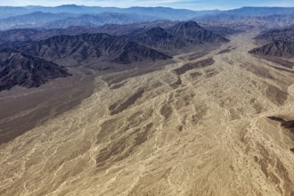 Large-scale desert landscape with a complex pattern of dry river beds surrounded by a mountain