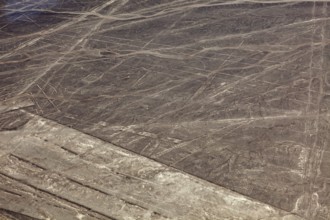 Geoglyphs of the Nazca Lines in a desert-like area with recognizable patterns, The geoglyphs and