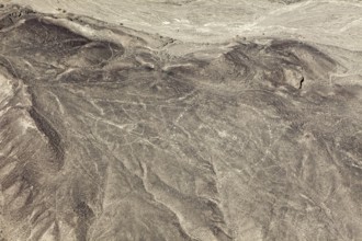 Extensive desert view with recognizable lines and patterns, the geoglyphs and images in the desert