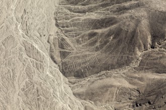 Aerial view of line patterns that run through the inhospitable desert landscape, the geoglyphs and