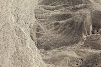 View of lines and geometric patterns drawing the barren landscape, the geoglyphs and drawings in