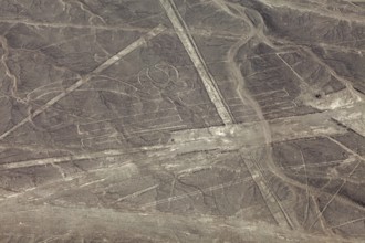 Aerial view of geoglyphs and lines that criss-cross the desert, the geoglyphs and images in the