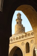 Islamic designed architecture and spiral Tulunid Dynasty Minaret of Ibn Tulin Mosque in Cairo, one