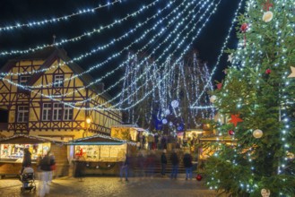 Christmas market, night view, Riquewihr, Grand Est, Haut-Rhin, Alsace, France