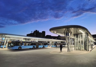 Bus station in the early morning right next to Wuppertal main station, public transport connection,