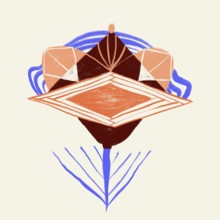 A unique illustration featuring a vibrant, organic geometric composition. Central elements include