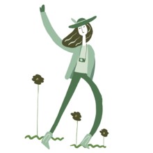 A whimsical illustration featuring a stylized figure in a hat and camera, surrounded by green