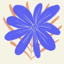 A vibrant digital illustration of a spring flower with blue petals and orange foliage on a neutral