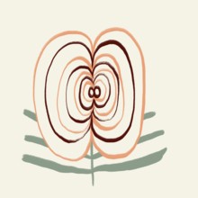 A minimalist digital artwork of a stylized spring flower depicted in soft pastel tones. The image