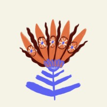 A vivid and artistic illustration of an orange spring flower with blue decorative elements