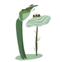A minimalist illustration of a figure with a hat interacting with a large, abstract green flower