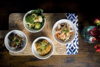 Gourmet bowls, chicken with glass noodles and peanuts, broccoli and cauliflower in satay sauce,