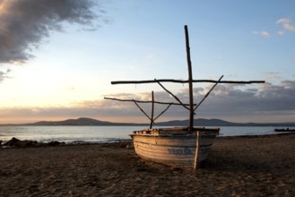 Burgas, Bulgaria, September 25th 2020 Empty beach at sunrise beside the pier in Burgas on the Black