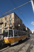 Sofia, Bulgaria. March 7th 2018. A Bulgarian tram in downtown Sofia, Bulgaria