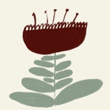 Minimalistic and artistic illustration of a stylized red flower with a green, leafy stem set