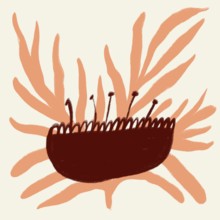 This abstract illustration depicts a stylized spring flower using warm orange and brown tones