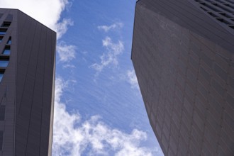 Contrasting modern skyscrapers stretch towards a blue sky dotted with white clouds, showcasing