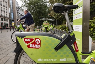 Budapest, Hungary. October 1st 2023 MOL Bubi rental bikes available for hire via an app, an