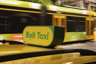 Budapest, Hungary. October 1st 2023 Sign for Bolt, an Estonian ride-hailing taxi company in central
