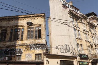 Bucharest, Romania. October 29th 2023. Graffiti covered crumbling architecture of the historical