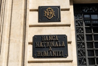 Bucharest, Romania. September 29th 2023 Sign for historical building of the National Bank of